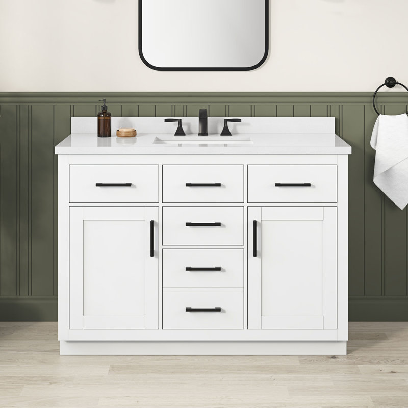 Ensemble de meuble-lavabo autoportant blanc avec comptoir en pierre et dosseret blanc 48 po Bailey, Blanc