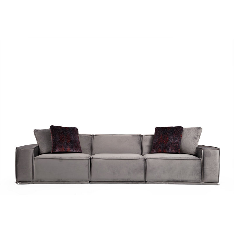 Élégant canapé 3 places, gris uni, 118,1 x 39,4 x 29,9 pouces | Structure en bois de hêtre et en carton, tissu 100% polyester | Coussins en mousse et en plumes gris doux, 2 coussins nettoyables à sec inclus, design scandinave élégant