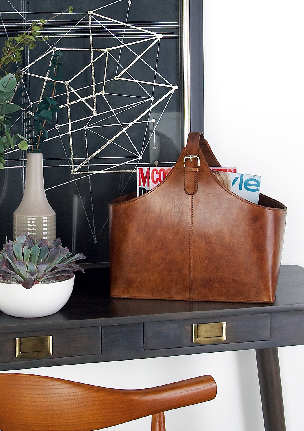 Alline Leather Magazine Rack, Reddish Brown