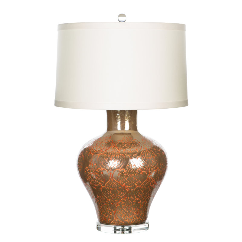 Bronze Ceramic Table Lamp with Cream Linen Shade and Clear Crystal Base
