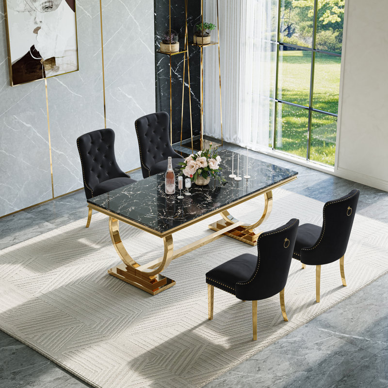 Ensemble de salle à manger moderne - table de 70 po avec base en acier inoxydable et chaises en velours, Noir et or