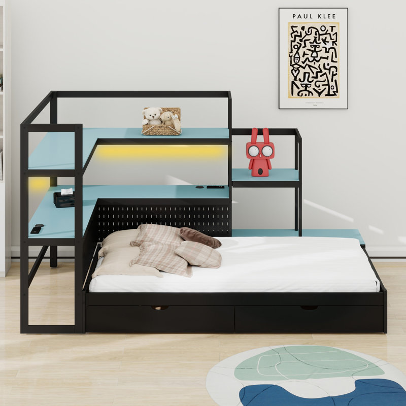 Gaming Bed and Desk with LED Light, 3 Storage Drawers and Built-in  Charging Station, Black+Blue