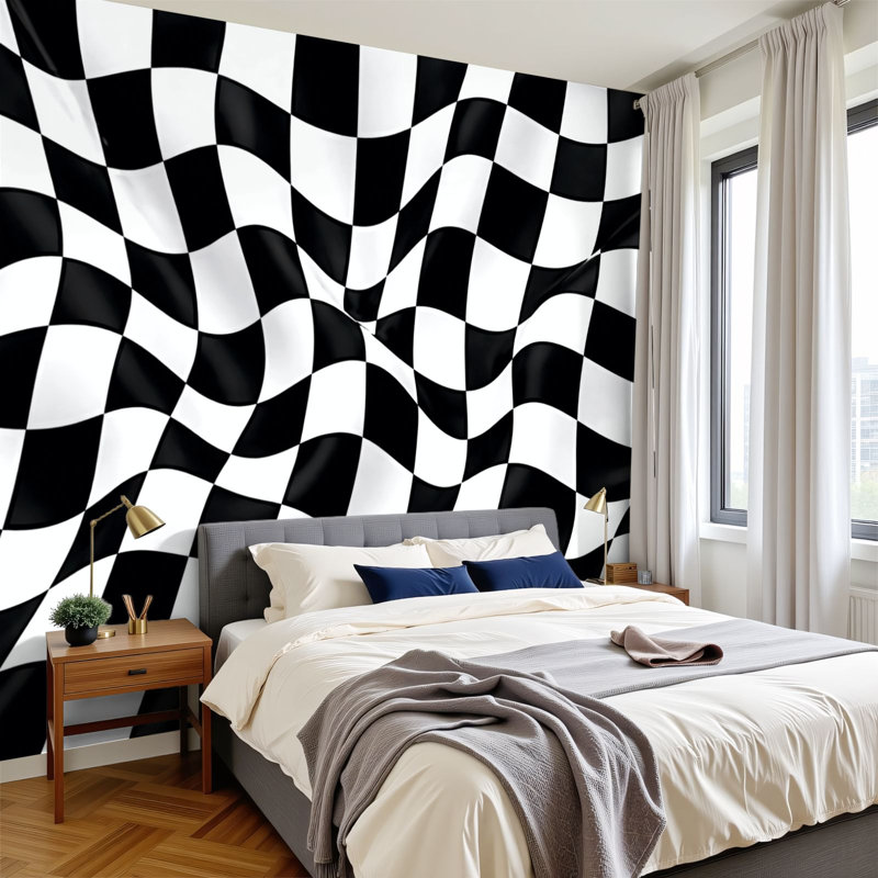 Murale auto-adhésive moderne à carreaux abstraits carrés blancs et noirs l 96 po x H 69 po Peel and Stick, L 96 po x l 69 po