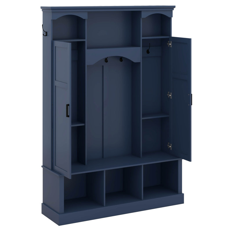 Hall Tree With Bench And Shoe Storage, Hall Tree With Adjustable Shelves, Cabinets, Entryway Organizer With 7 Hooks, Blue