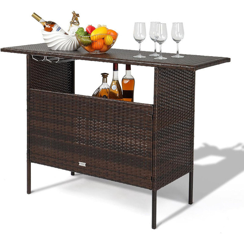 Modern Outdoor Wicker Bar Counter Table with Steel Shelves - Brown