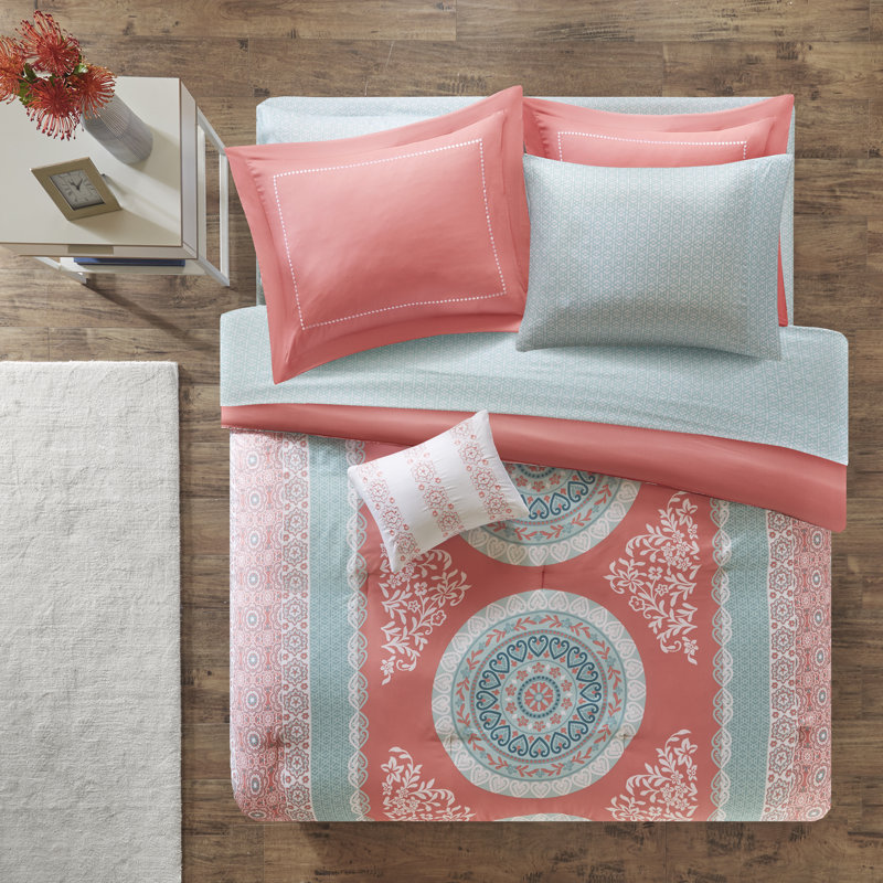 Coral and Aqua Bohemian Queen Microfiber Bed in a Bag Set