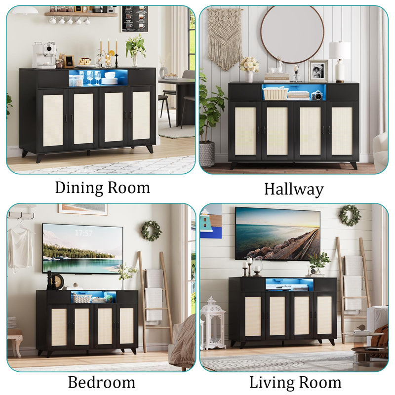 Buffet en rotin avec 4 portes, 2 tiroirs, lumières DEL et prise de courant intégrée, Black