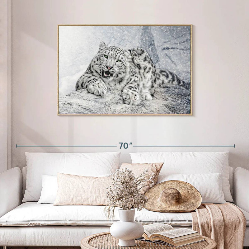 Léopard des neiges en blizzard, Cadre flottant en bois naturel, 43 po x 29 po