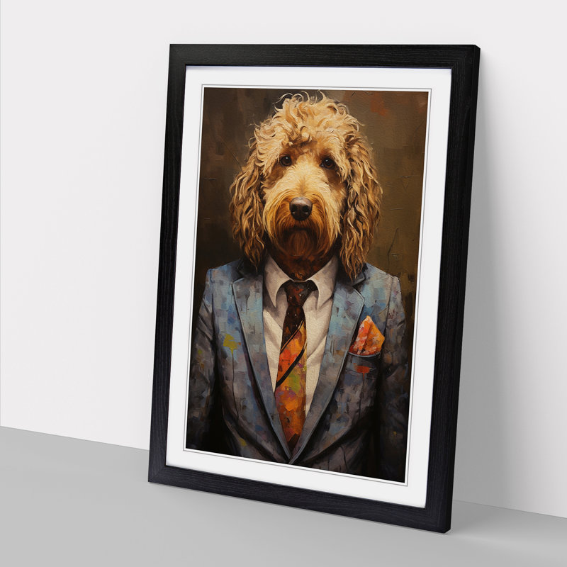 Labradoodle In A Suit Painting No.4 - Single Picture Frame Print on Wood, Black Framed, 64cm H x 46cm W x 2cm D