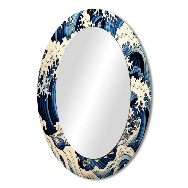 Japanese Waves In A Storm I - Large Oval Wall Mirror On Metal, 36" H x 24" W