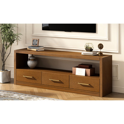 Meuble télé avec de grands tiroirs de rangement, finition brune, poignées en métal minimalistes, s'adapte aux téléviseurs de 70 à 79 pouces, support d'apparence classique, espace généreux pour les articles de décoration, 3 téléviseurs