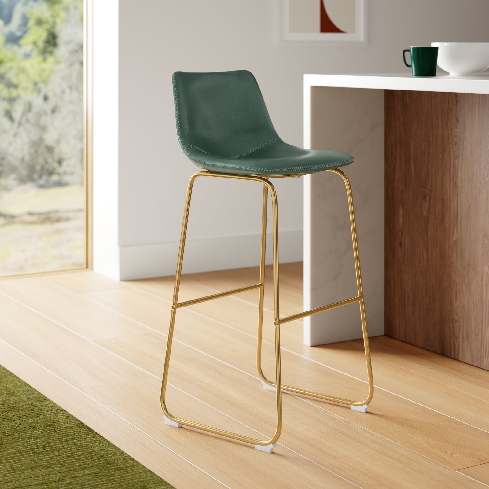 Nia Bar and Counter Stool, Green, Gold, Bar Stool (29" Seat Height)