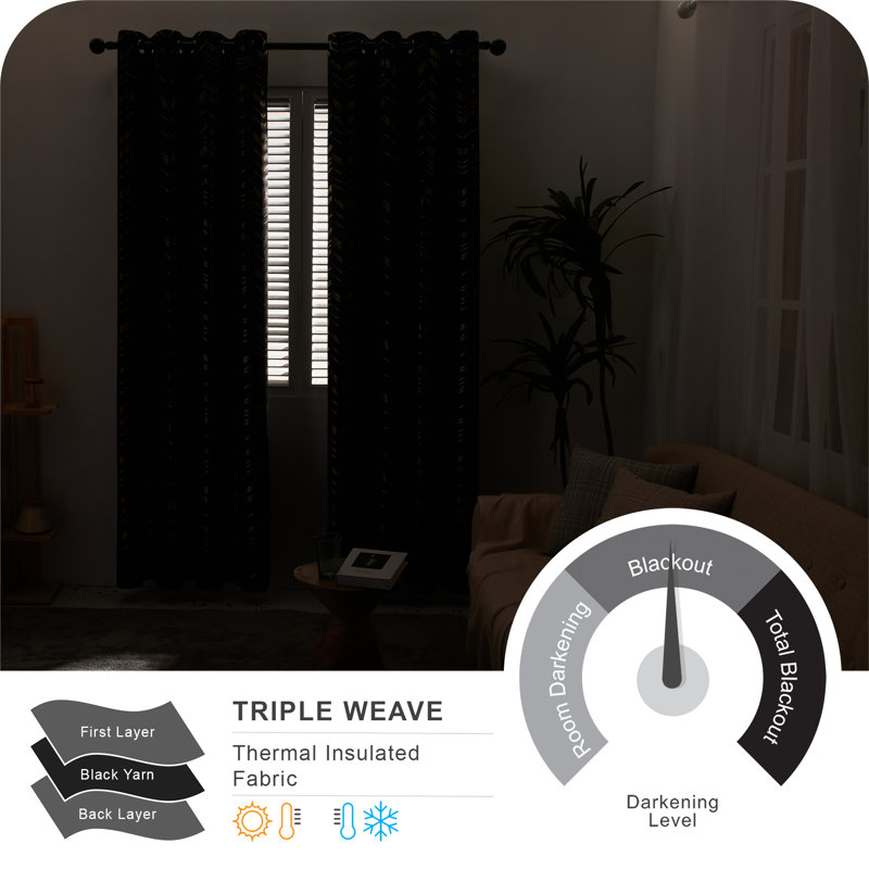 Abrahamsen Polyester Blackout Grommet / Eyelet Curtain Pair, 46cm Width x 138cm Drop, Black
