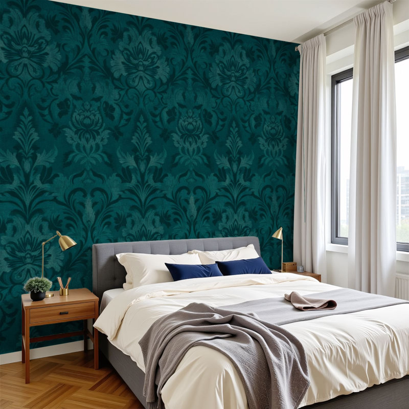 Papier peint adhésif auto-adhésif pour chambre à coucher à motif floral damassé bleu sarcelle L 144 po x l 100 po Peel and Stick