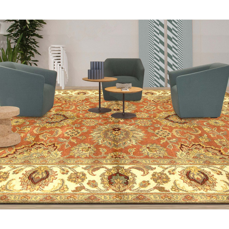 Hand Knotted Wool Oriental Area Rug in Rust And Ivory
