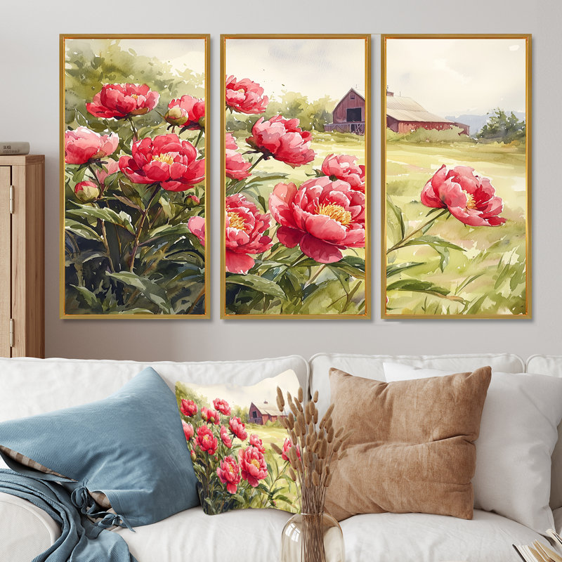 Pivoines dans la brise de basse-cour IV - pivoines grand art mural - 3 panneaux, H 28 po x l 36 po, Doré