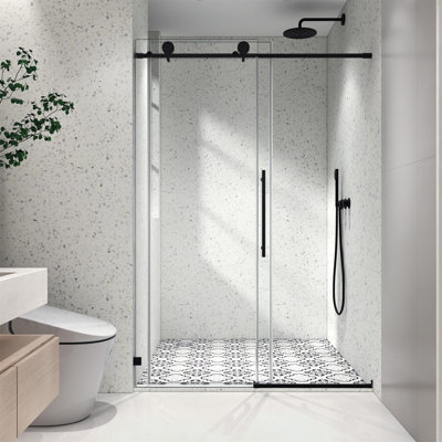 Une porte de douche fixe et une porte décalée sans cadre, de grandes poulies en acier inoxydable 304 de 70 mm avec fonction de fermeture douce réglable, avec nettoyage facile et protection anti-déflagrante