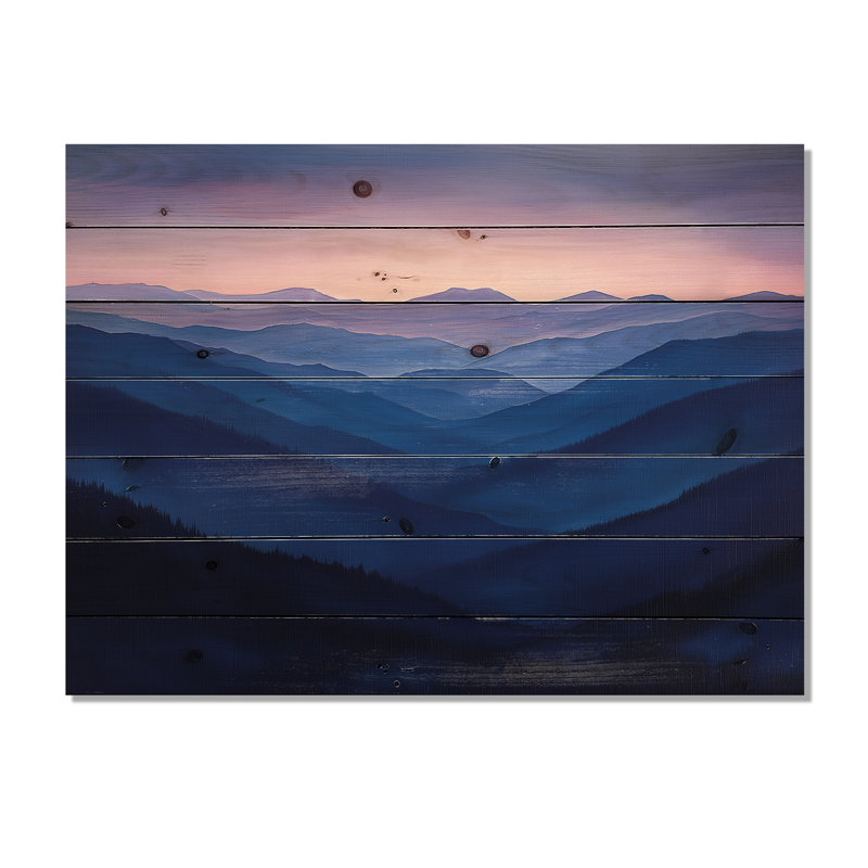 Lavande, montagne, crêtes au crépuscule I - paysage de montagnes, art mural sur bois de pin naturel