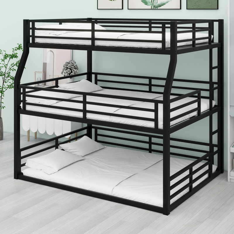 Metal Triple Bunk Bed With Safety Guardrails, Full/Extra-Long Full Over Queen Over Queen
