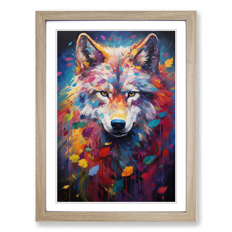 Wolf Impressionism No.2 - Single Picture Frame Print on Wood, 64cm H x 46cm W x 2cm D, Oak