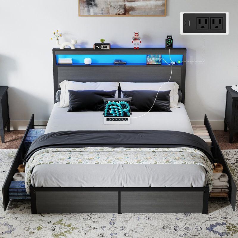 Full Size Bed Frame with 4 Storage Drawers and LED Lights,Metal Platform Bed with Charging Station and 2-Tier Headboard,No Box Spring Needed