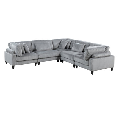 5Pc Modular Sectional Set Gray Corduroy Upholstery 2X Armless Chairs 3X Corner Seats Soft Pillows Living Room Furniture