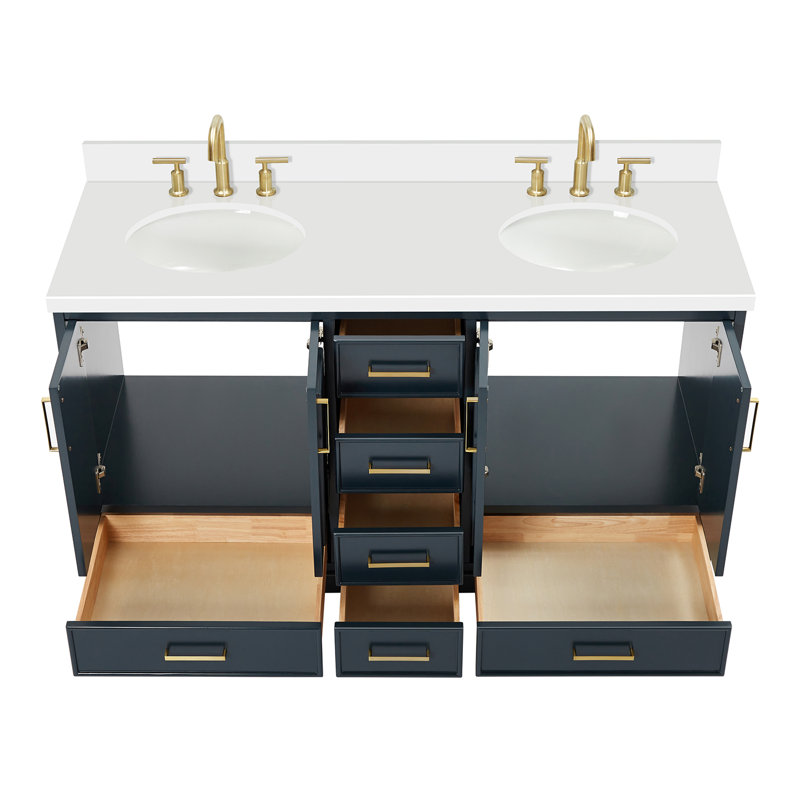 61'' Double Bathroom Vanity with White Quartz Top, Midnight Blue