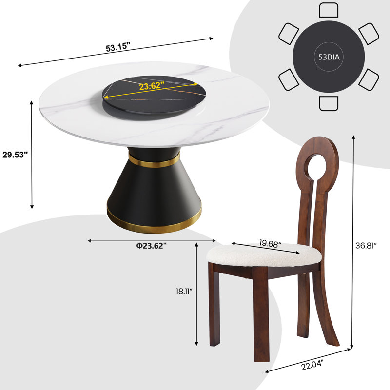 6 Seat Modern Round Sintered Stone Dining Table With Rotating Tray,modern Key-shaped Dining Chairs, White/Black