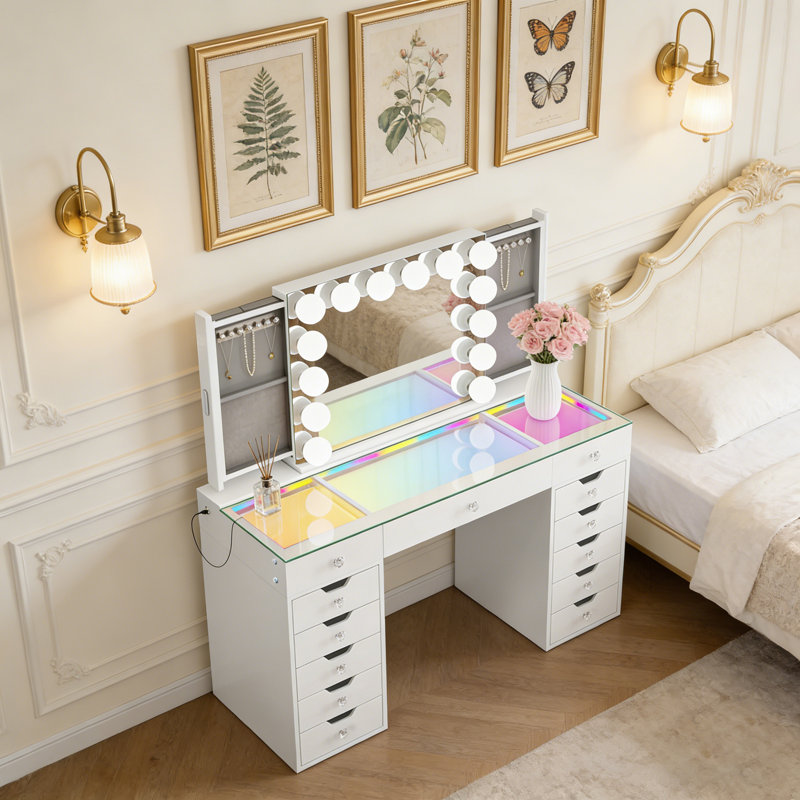 Ensemble de coiffeuse de maquillage avec miroir de rangement pour bijoux et plateau en verre