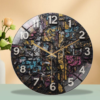 12-Inch Silent Tempered Glass Wall Clock, " Textured Face Design ” Silent Non-Ticking Clock, Battery Operated (AA Batteries Not Included), Artistic Home Decor