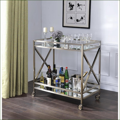 Serving Cart with Mirrored Top & Storage, Metal Frame | Caster Wheels | Antique Gold, Mirror by Latitude Run