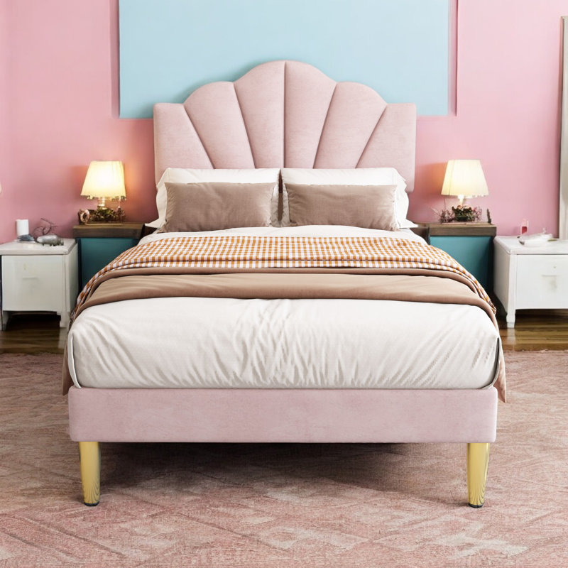 Aarna Velvet Upholstered Bed, Pink, Single (95 x 195 cm)
