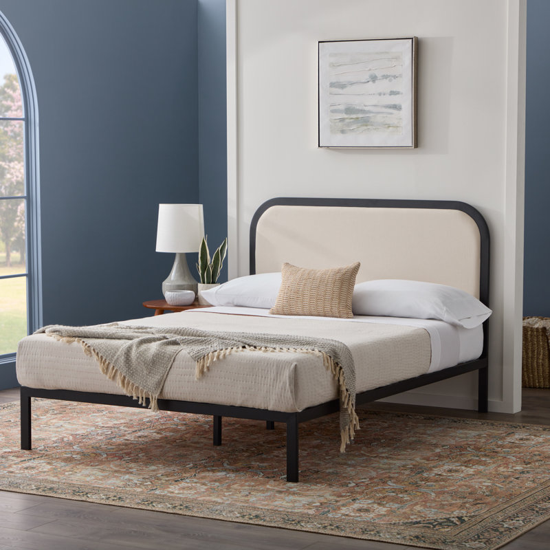 Black Metal Bed Frame with Rounded Upholstered Headboard