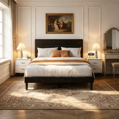 Platform Bed Frame with Upholstered Headboard, Noise‑Free Wood Slats, 6.3" Under‑Bed Storage, No Box Spring Needed for Bedroom, Queen Size