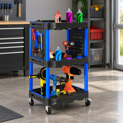 Organisateur d'outils de service mobile à 3 niveaux, chariot roulant en plastique d'une capacité de 90 kg (200 lb) avec roues et étagères latérales pour entrepôt