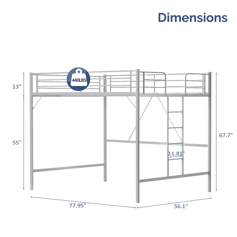 Loft Bed Full Size With Flat Rungs For Adults, Kids And Young Teens, No Box Spring Required, Full, Gray