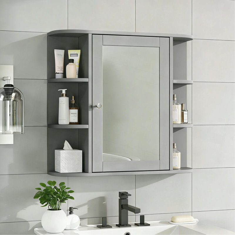 Armoire de rangement murale de salle de bain avec miroir, armoire à pharmacie avec tablette et portes réglables en bois, armoires de rangement montées avec 6 tablettes ouvertes