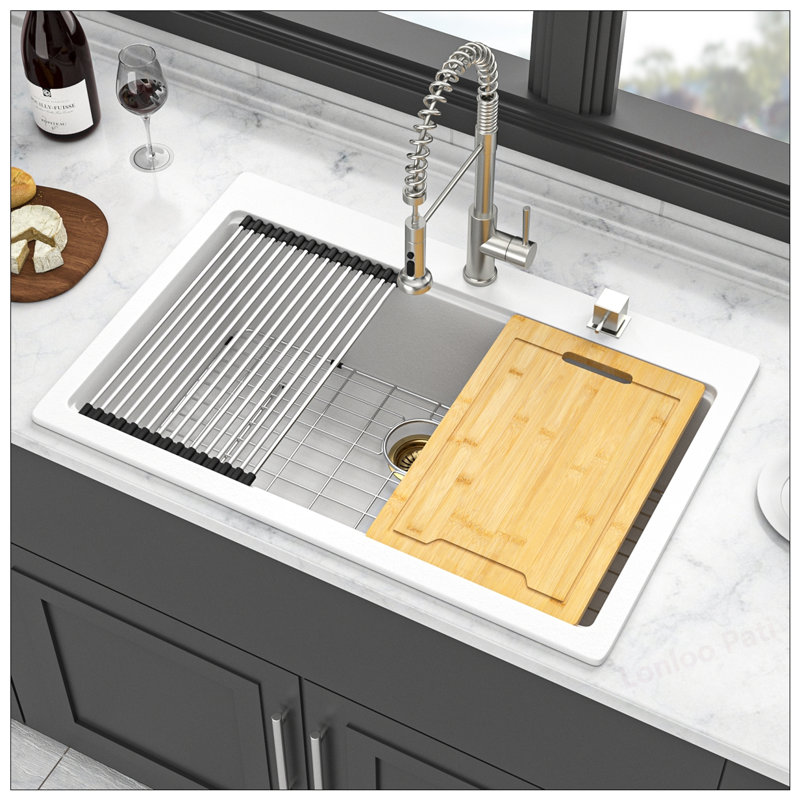 Durable White Granite Composite Workstation Kitchen Sink with Accessories, 33x22 Inches, Noise-Reducing and Easy to Clean