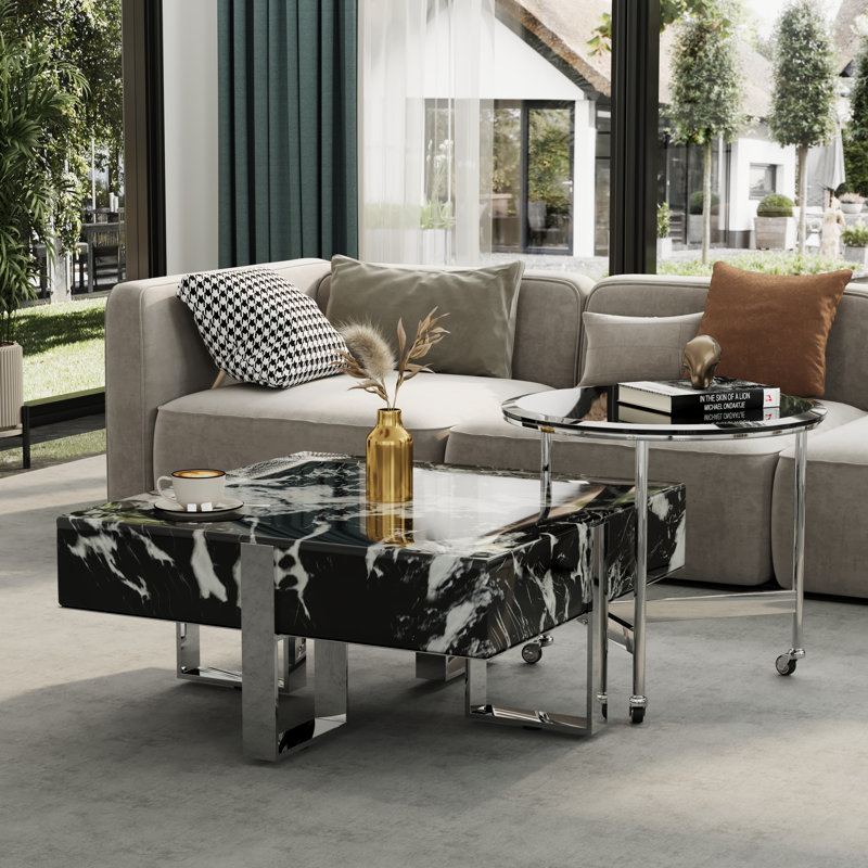 Table basse 31,8 pouces en faux marbre avec base polie, Noir, Argent argent