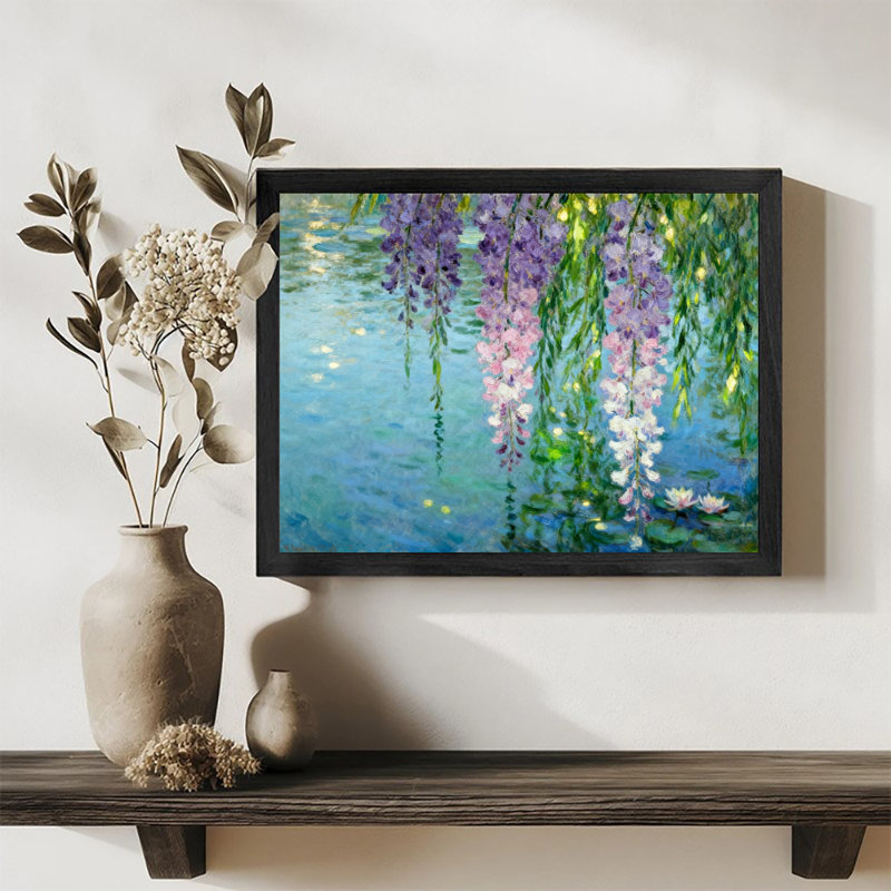 Reproduction d'art encadrée noire de fleurs de glycine rétro reflétée sur l'eau, H 11 po x l 9 po
