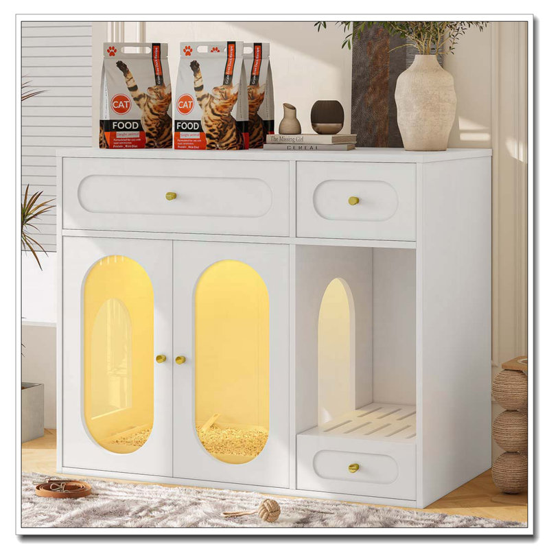 Cat Litter Box Enclosure with LED Light, White-1