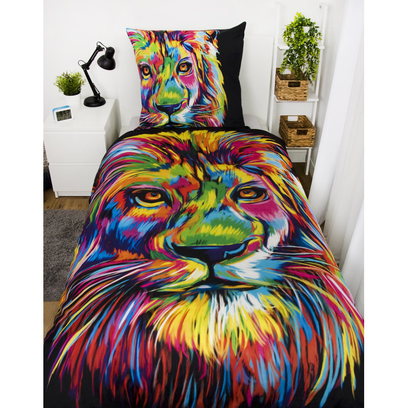 Lion Black Reversible Duvet Cover Set, 155 x 220cm Duvet Cover + 1 Pillowcase (80 x80)