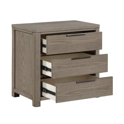 Dely Nightstand, 3 Drawers, Chrome Edge Handles, Modern Rustic Gray Wood