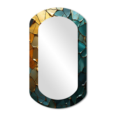 Macdonald Abstract Teal Gold Crystalline Limestone - Marble Cylinder Mirror, Teal Asymmetrical Decorative Wall Mirror, Printed Metal Art
