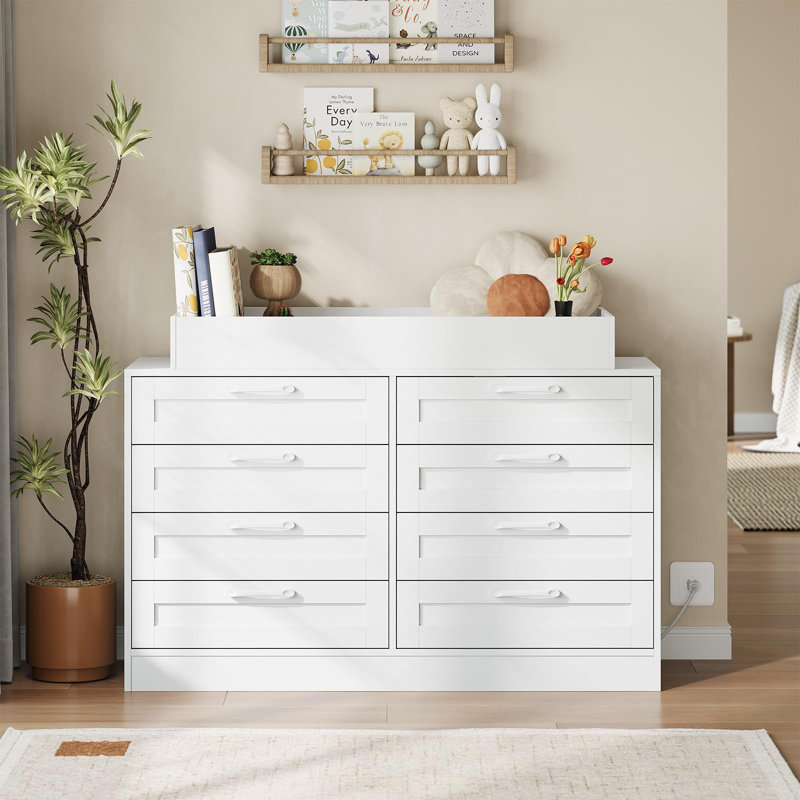 Baby Changing Dresser with 8 Drawers, Wooden Nursery Changing Table with Open Shelf, White