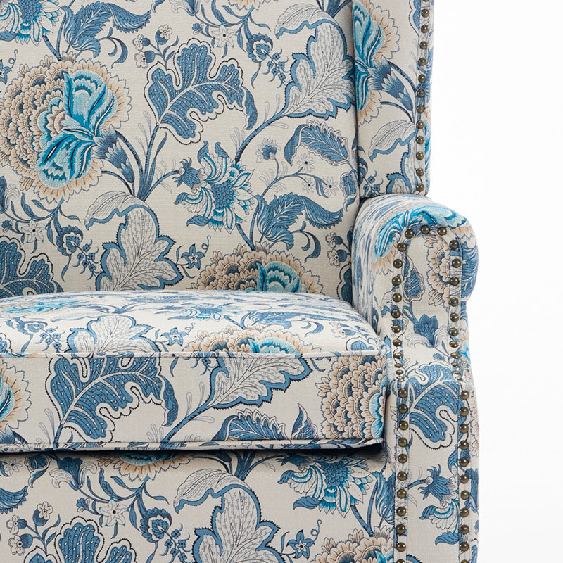 Duward Boho Blue Floral Upholstered Wingback Accent Chair with Nailhead Trim, Boho Blue 