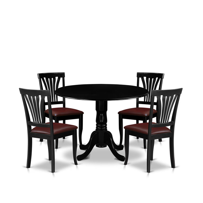 5 Piece Modern Dining Table Set Includes a Round Wooden Table with Dropleaf and 4 Faux Leather Upholstered Dining Chairs, 42x42 Inch, Black