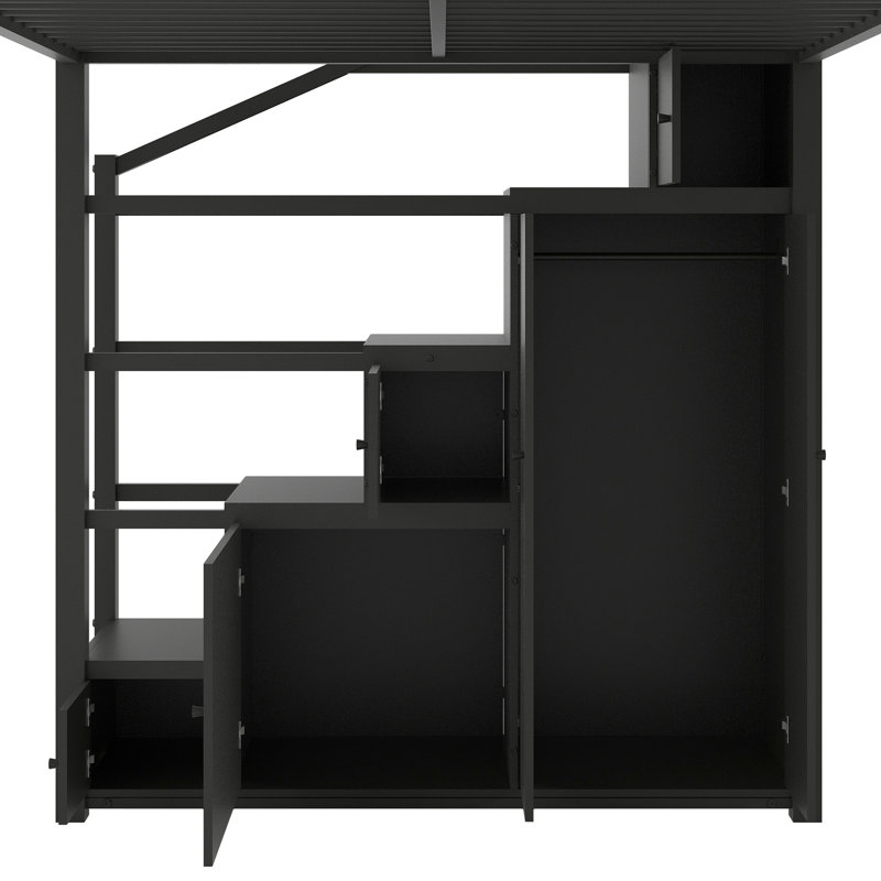 Lit mezzanine double en métal noir avec escalier de rangement et tablettes à 4 niveaux, tablettes pour étude, espace de loisirs idéal, armoires de garde-corps sécuritaires convertibles en espace de lecture ou d'artisanat, longueur