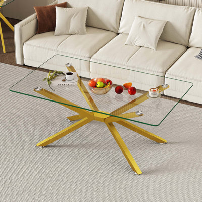 Table basse rectangulaire en verre trempé avec pieds en métal doré (39,37 po)