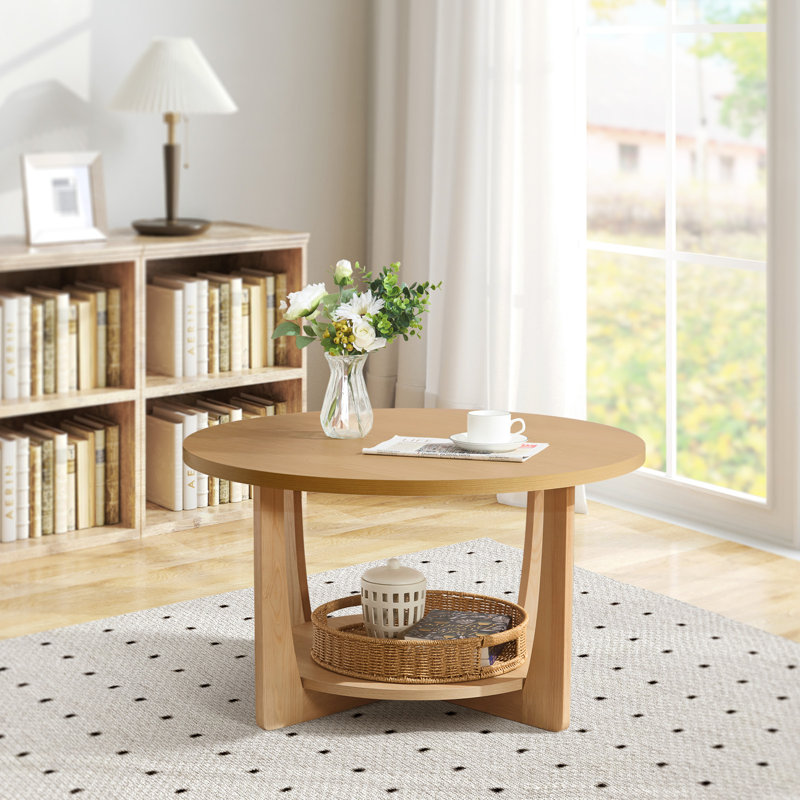Natural Solid Pine Wood Round Coffee Table with 2-Tier Storage